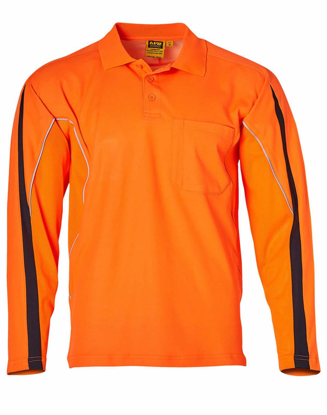 A long-sleeve high-visibility polo shirt in bright orange with black accents and a pocket. Features a logo.