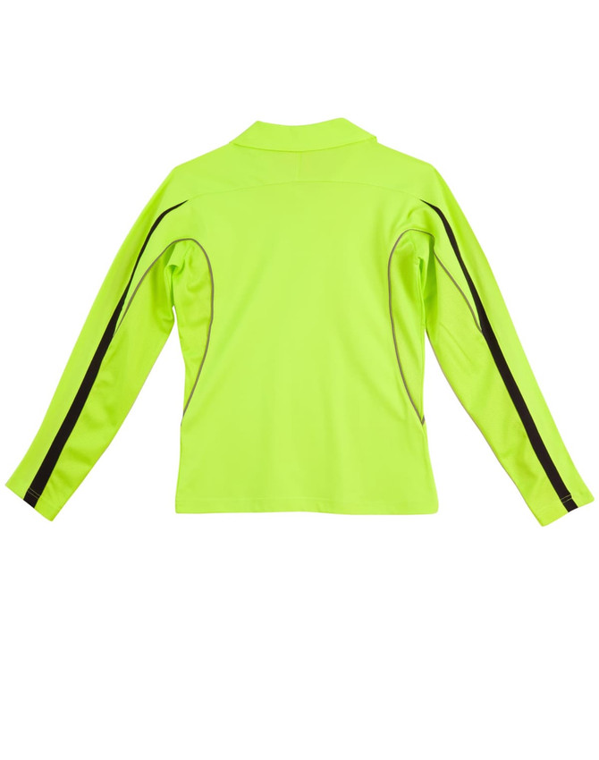 A bright yellow long-sleeve polo shirt with black detailing and a logo on the back.