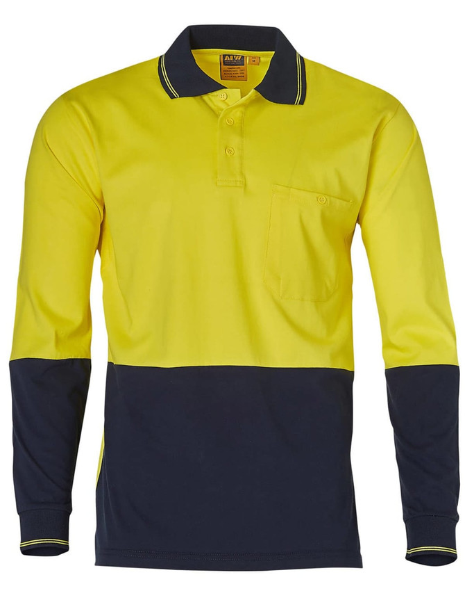 A long-sleeve safety polo in hi-vis yellow and navy blue, featuring a collar and a front pocket. Includes a logo.