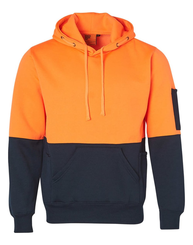 A two-tone hoodie featuring a bright orange upper section and a navy lower section, with a kangaroo pocket and a logo.