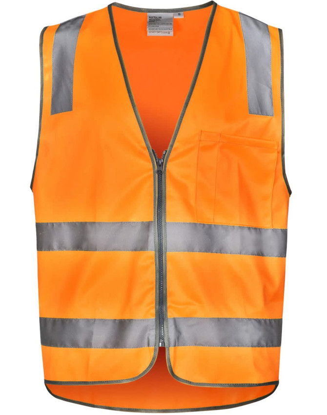 An orange safety vest with reflective silver strips and a front pocket, featuring a zip closure.