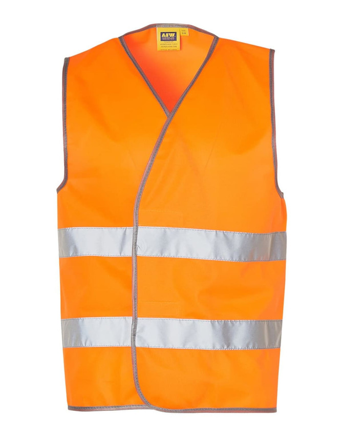 An orange safety vest featuring reflective silver tapes, suitable for visibility in various environments.