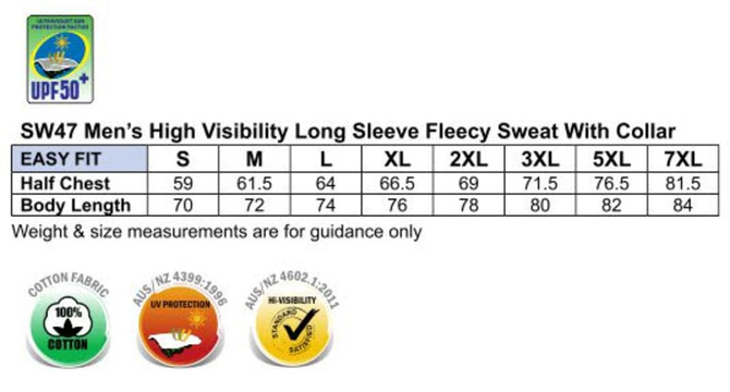 A table displaying sizing information for a high visibility, long sleeve, fleecy sweat with collar, featuring a logo.