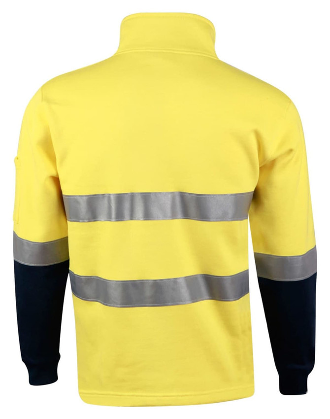 A yellow and navy two-tone fleece jumper featuring reflective 3M tape, with a back view. It has a logo.