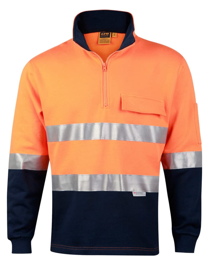 Hi-vis two-tone orange and navy fleecy jumper with reflective 3M tapes and a zip collar. Features a pocket on the chest.