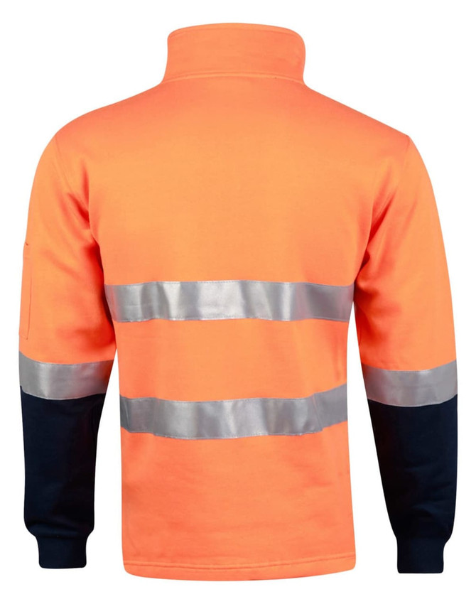 A Hi-Vis two-tone orange and navy cotton fleecy sweat with reflective 3M tape stripes, featuring a zipped collar.