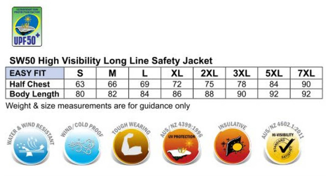 A high visibility long line safety jacket in bright yellow with 3M reflective tape and various size measurements.