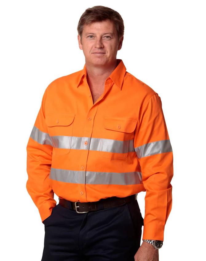 An orange long-sleeved drill shirt featuring reflective 3M tape stripes, designed for safety wear.