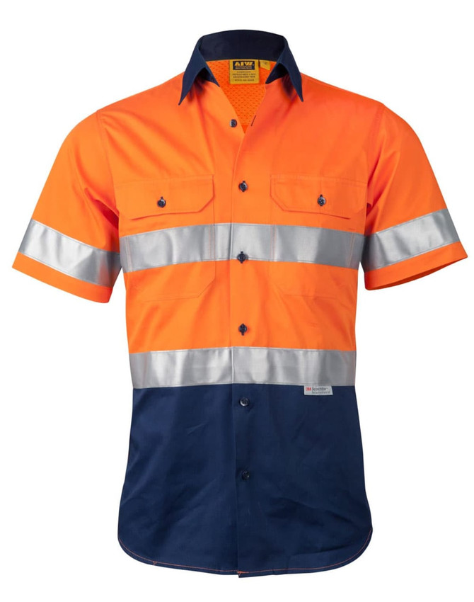 A short-sleeved safety shirt in orange and navy, featuring reflective silver stripes and a logo.