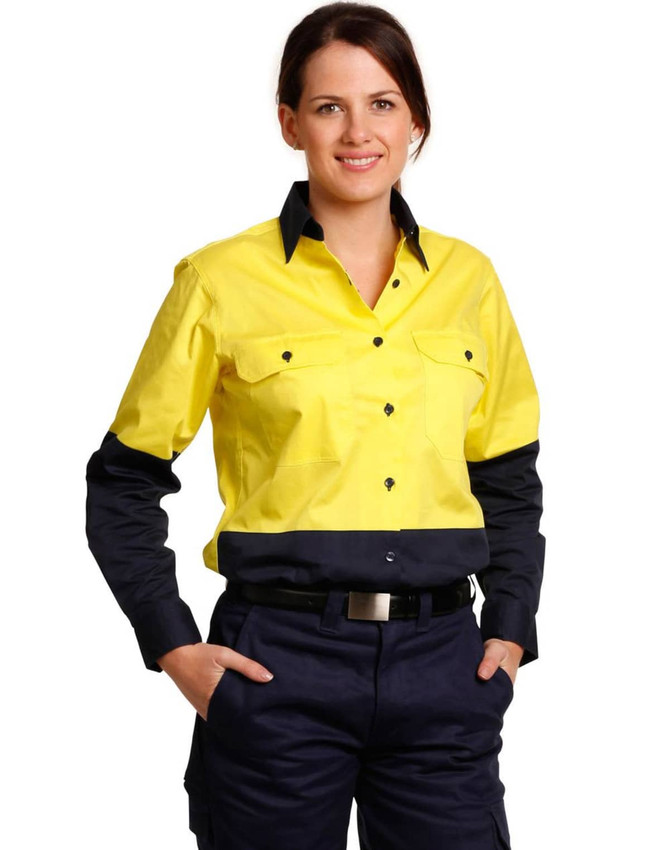 A women's long-sleeve safety shirt in hi-vis yellow with navy blue sleeves, featuring pockets and a collar.