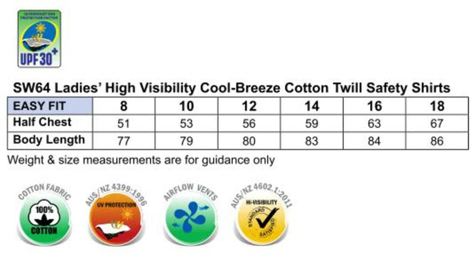 A chart displaying size options for Ladies' Hi-Vis L/S Safety Shirt in bright colours, with a logo present.