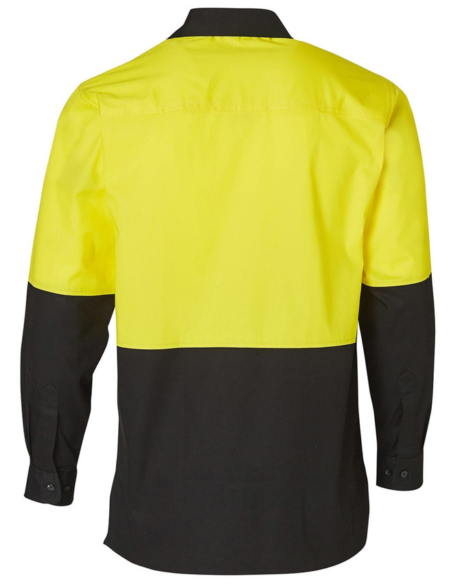 A long-sleeve safety shirt featuring a bright yellow upper section and black lower section, with a logo on it.