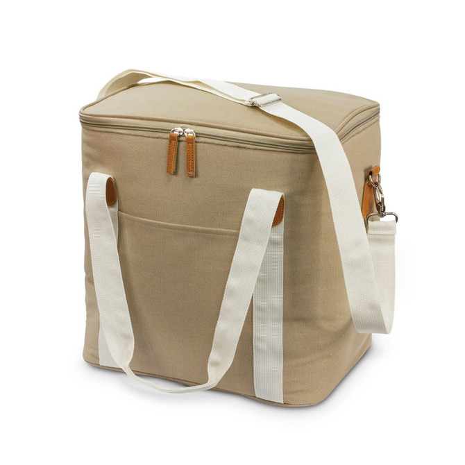 A beige canvas cooler bag with a white strap and leather accents, featuring a zip closure and side pocket.