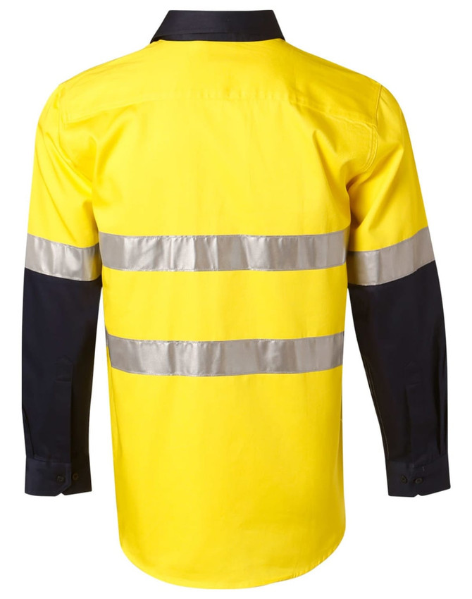 A yellow and navy long-sleeve safety shirt featuring reflective 3M tape stripes and a collar.