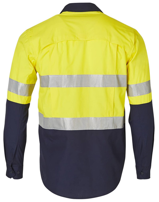 Hi-Vis long-sleeve cotton rip-stop shirt in yellow and navy, featuring reflectively striped detailing and a logo.
