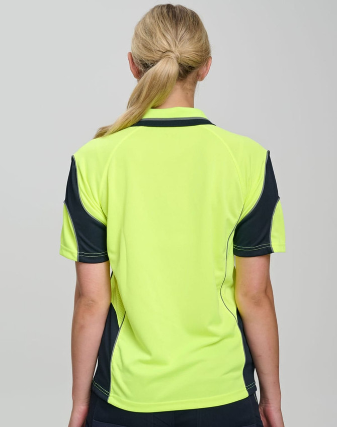 A hi-vis yellow polo shirt with navy accents, featuring a logo, shown from the back.
