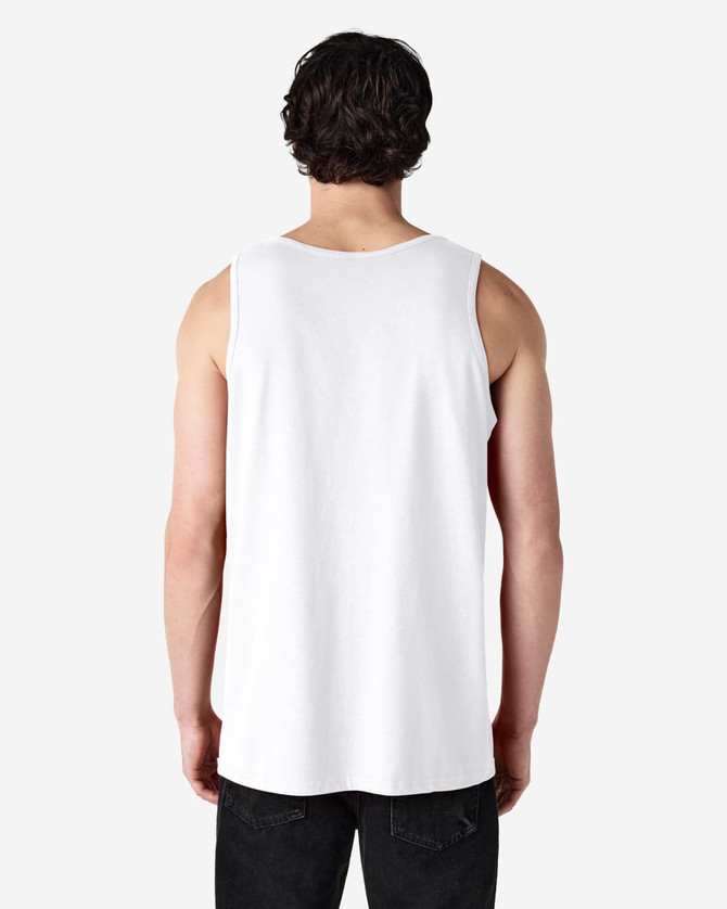 A white Gildan Heavy Cotton adult tank top, viewed from the back, featuring a plain design and a slightly loose fit.