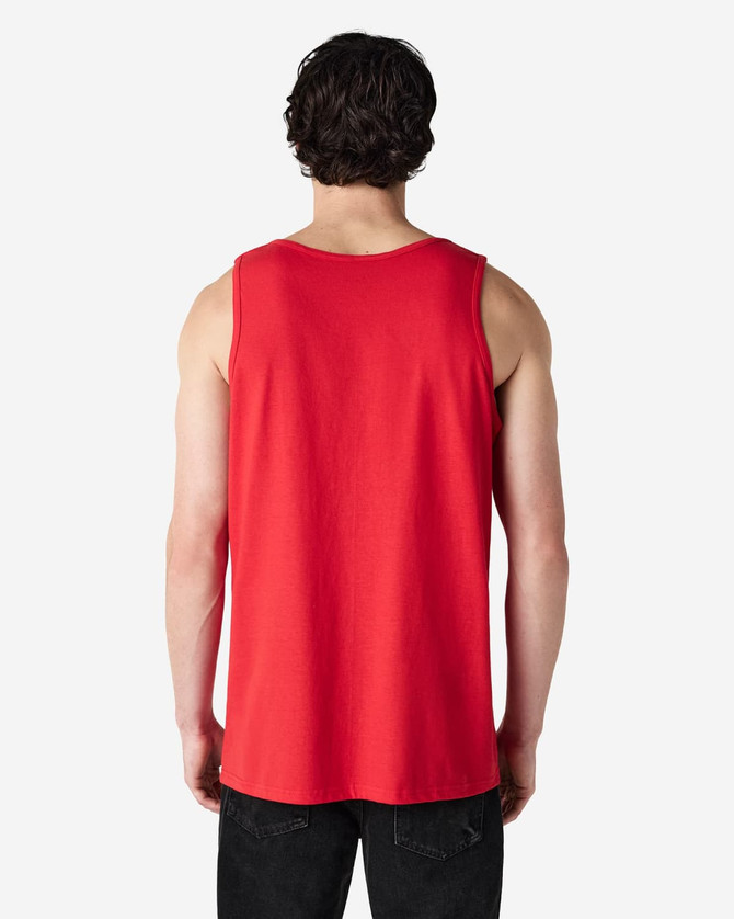 A red tank top with a casual fit, featuring a branding logo on the back.