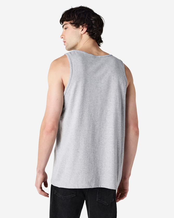 A grey Gildan Heavy Cotton adult tank top, featuring a simple design and a back view of the garment.
