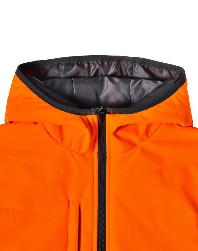A quilted two-tone safety jacket in vibrant orange with a black hood and zip closure, featuring a logo.