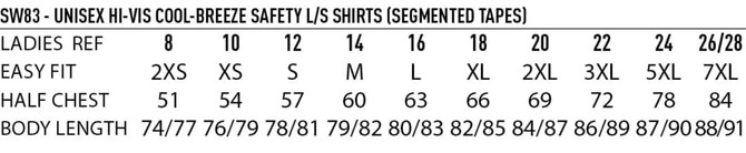 A chart displaying size measurements for Hi-Vis Cool-Breeze Safety long-sleeve shirts in various sizes, including ladies' and unisex options.