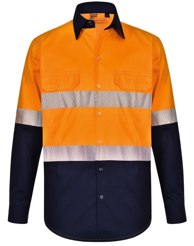 A long-sleeve safety shirt in hi-vis orange and navy, featuring segmented reflective tape and a button-up front.