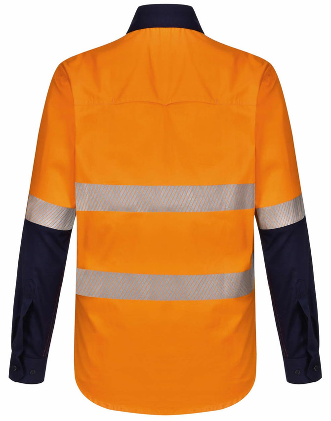 A long-sleeve safety shirt in orange and navy blue, featuring segmented reflective tape and a branding logo.