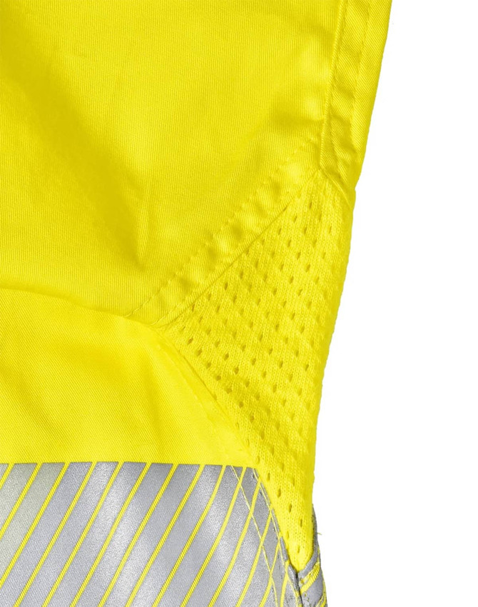 A bright yellow long-sleeve safety shirt featuring segmented reflective tape and mesh detailing.