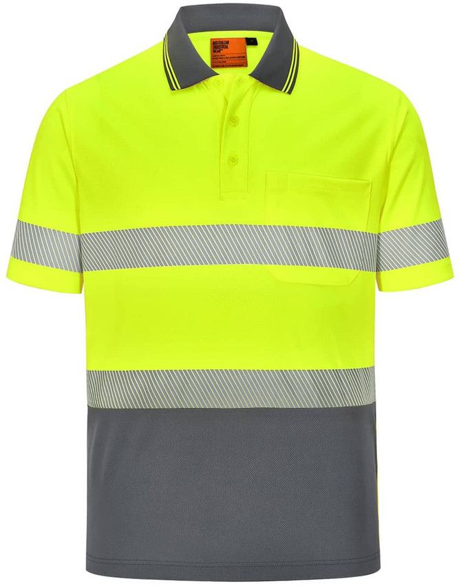 A unisex cooldry segmented safety polo shirt in bright yellow with grey stripes and a pocket. It features a logo.