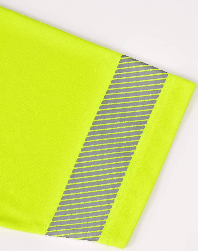 A bright yellow polo shirt featuring grey segmented stripes along the sleeve. It includes a logo.