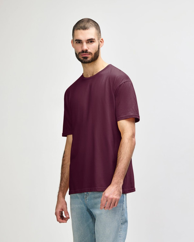 A maroon adult T-shirt displayed on a model, featuring a relaxed fit and short sleeves. Logo present.