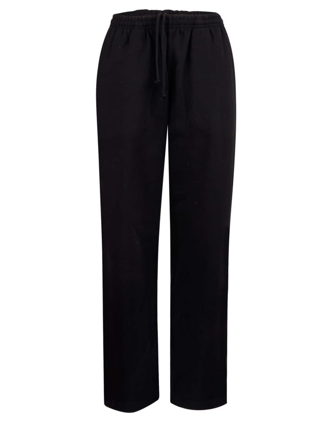 Black fleecey track pants featuring an elastic waistband and drawstring, designed for comfort and casual wear.
