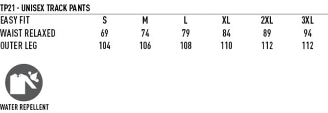 A pair of adult track pants in various sizes, featuring a relaxed fit and a water-repellent finish.