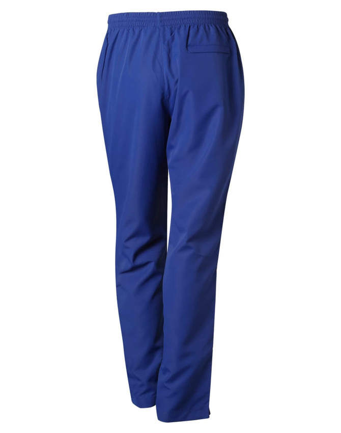 A pair of blue adult track pants with an elastic waistband and a single back pocket. Features a logo.