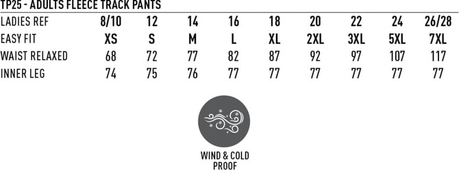 A chart displaying size options for adults' fleece track pants, featuring relaxed waist measurements and inner leg lengths.