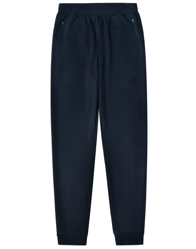 Adults' poly/cotton terry sweat pants in dark grey, featuring side zip pockets and cuffed ankles.