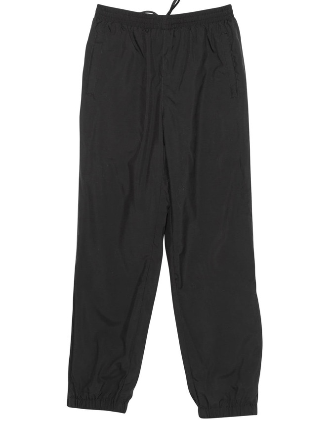Black track pants with an elasticated waistband and pockets, featuring a logo on the design.