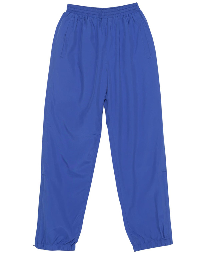 Blue track pants with an elastic waistband and side pockets, featuring a logo on the leg.
