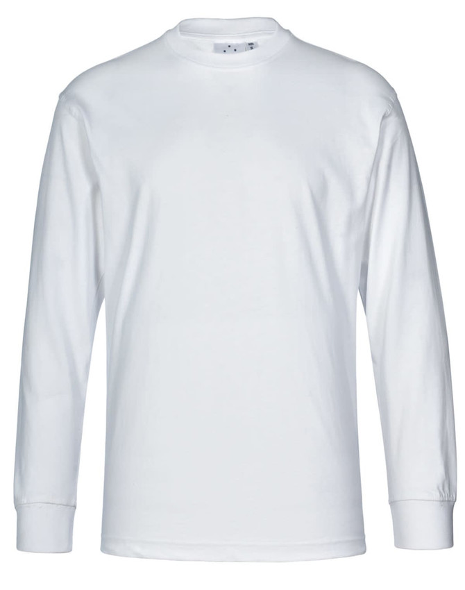 A white long-sleeved cotton crew neck T-shirt with a simple design and a logo.