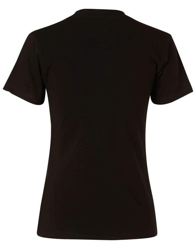 A black ladies' V-neck short sleeve T-shirt with a simple design and no visible branding.