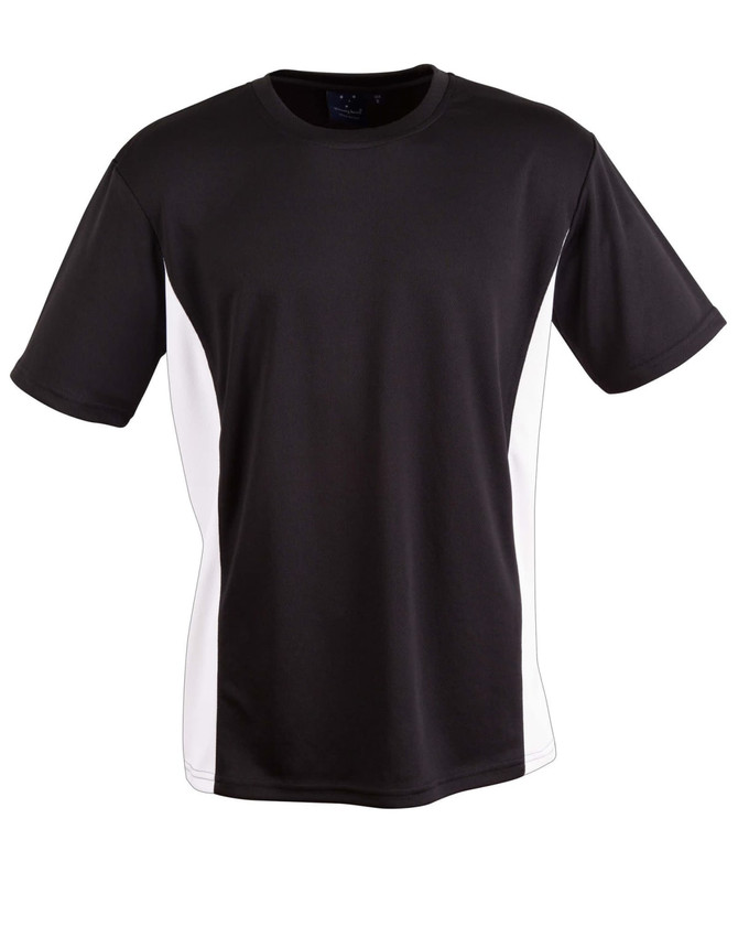 A black and white short-sleeved t-shirt featuring contrasting side panels and a logo.