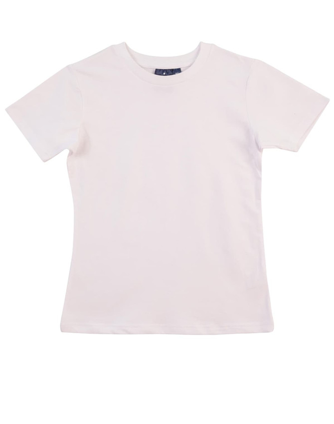 A ladies' fitted stretch tee in white with a fitted design and a logo tag at the neck.