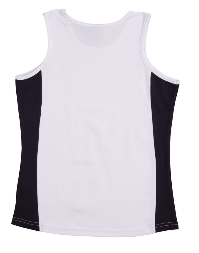 A white and black ladies singlet with a contrast design and a logo on the back.