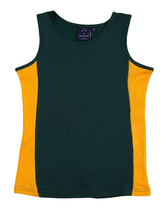 A green and yellow singlet featuring a logo on the label, designed for ladies.