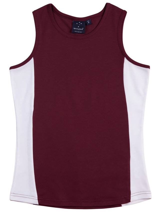 A burgundy and white ladies' singlet with a logo on the tag. The design features a contrast colour panel.