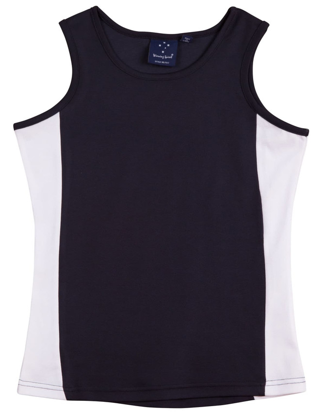 A black and white singlet with a logo, featuring contrast panels on the sides.