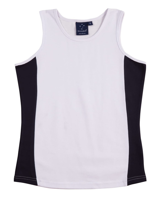 A ladies singlet in white with black contrast panels, featuring a logo on the label.