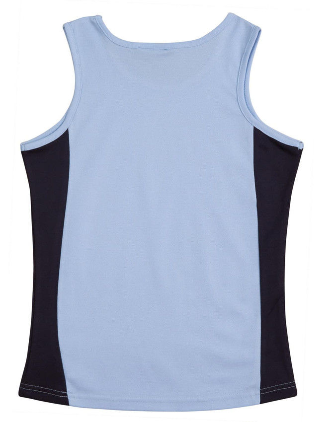 A light blue singlet with black contrast panels on the sides, featuring a logo. Suitable for women's wear.