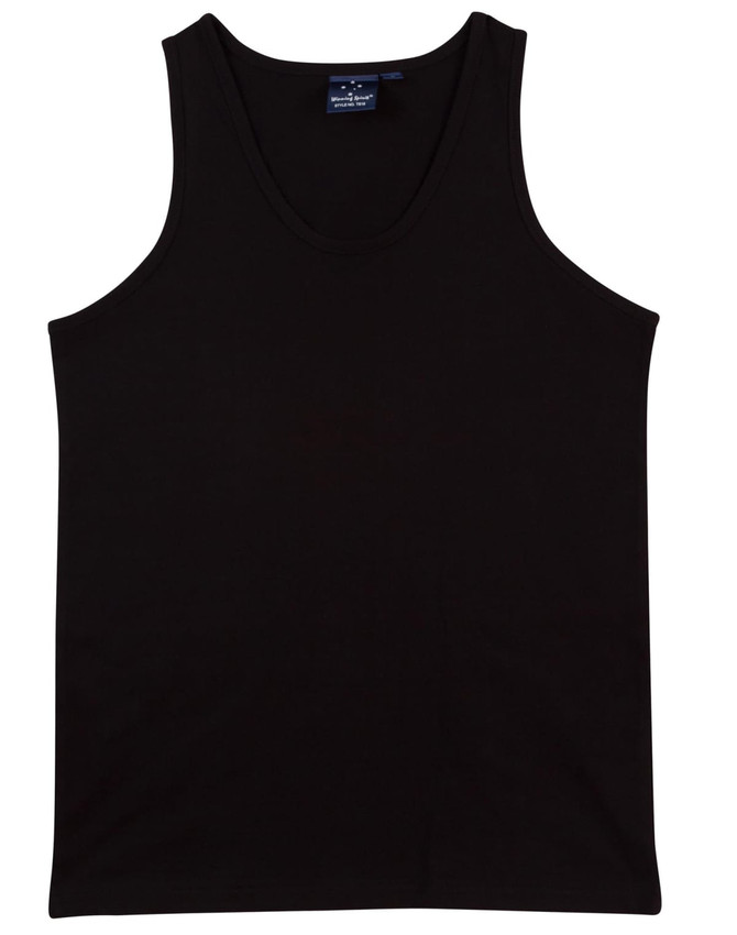 A black men's cotton singlet with a round neckline and no sleeves. It features a branding label.