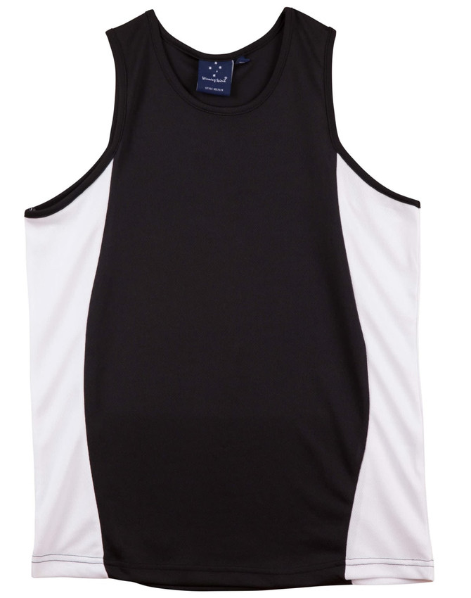 A black singlet with white contrast panels, featuring a logo on the label at the neck.